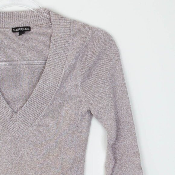 Express Womens Plunge V Neck Long Sleeve Knit Sweater Size S Tan Minimalist - Picture 2 of 7